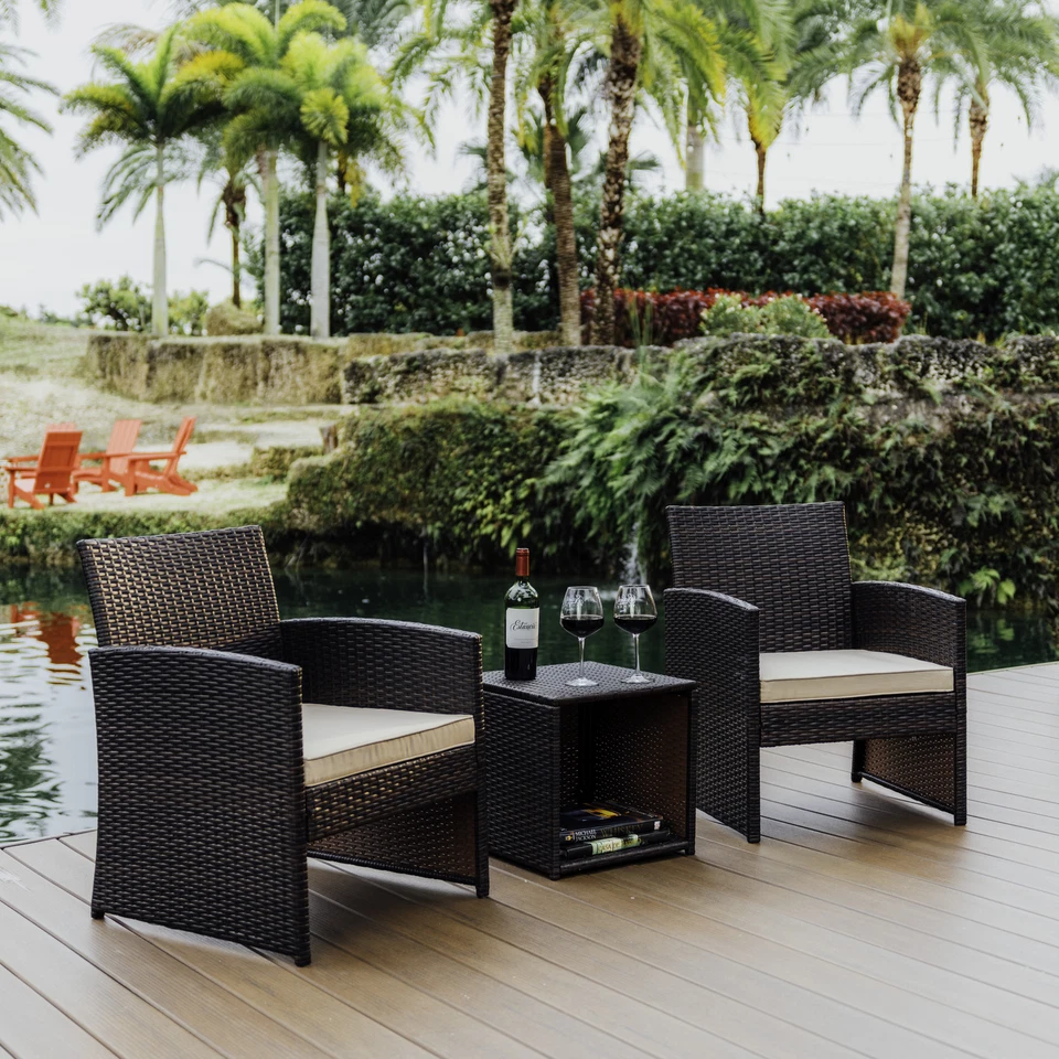 3-Piece Outdoor Wicker Patio Set – Waterproof Rattan Chairs with Cushions & Side Table for Lawn, Balcony, or Porch