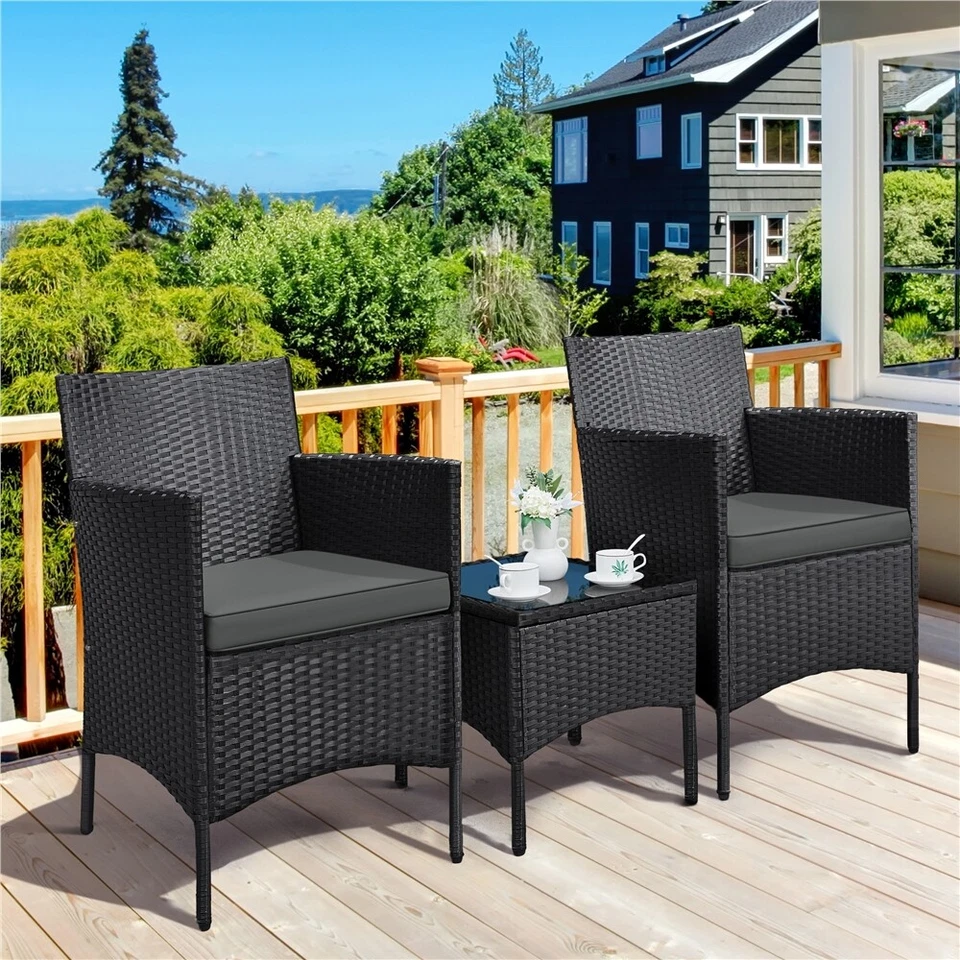 3-Piece Outdoor Wicker Patio Set – Rattan Conversation Furniture with Cushions & Side Table