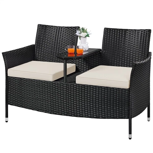 2-Seater Outdoor Patio Loveseat Set – PE Rattan Wicker Bench with Built-In Glass Side Table & Cushions