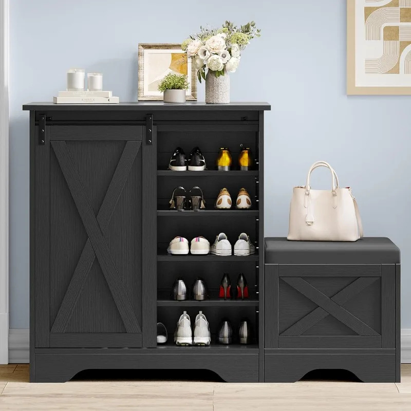 Shoe Locker with Cushioned Shoe Stool, 5-Tier Adjustable Shelf Storage Bench – Holds Up to 20 Pairs – Sliding Barn Door Design, Black