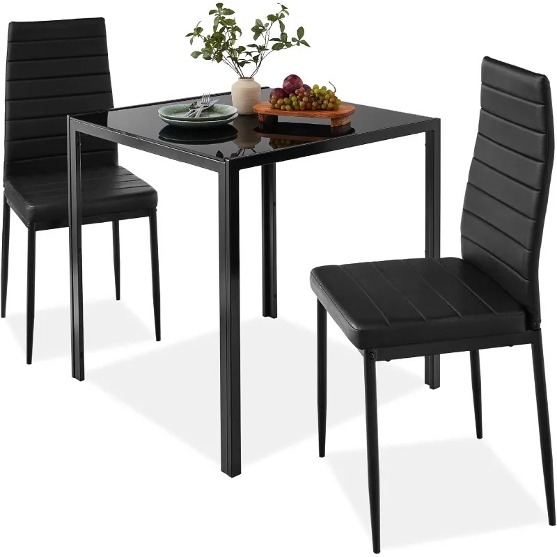 3-Piece Dining Set – Glass Tabletop with 2 Upholstered PU Leather Chairs & Steel Frame – Space-Saving Kitchen Table Set for Small Spaces, Black