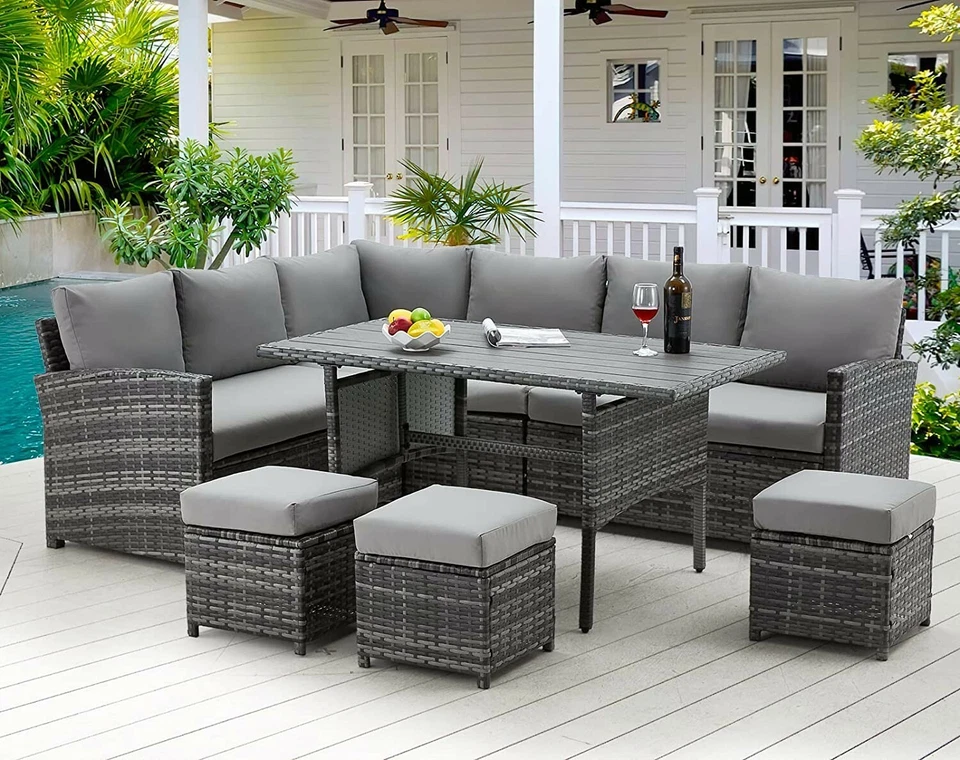 7-Piece Outdoor Patio Furniture Set – Rattan Wicker Sectional Sofa with Cushions & Dining Table
