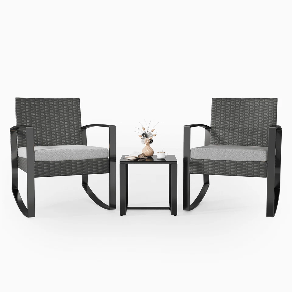 3-Piece Patio Rocking Chair – Wicker Outdoor Furniture with Cushions & Table