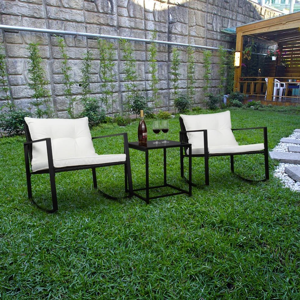 3-Piece Outdoor Wicker Rocking Chair Set – Rattan Patio Furniture with Cushions & Glass Table