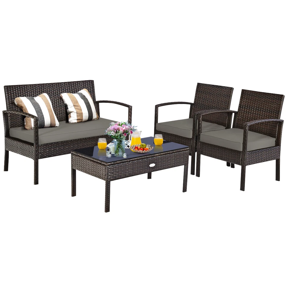 Patiojoy 4-Piece Outdoor Rattan Patio Furniture Set with Cushions – Loveseat, Chairs & Coffee Table for Garden, Deck, or Porch