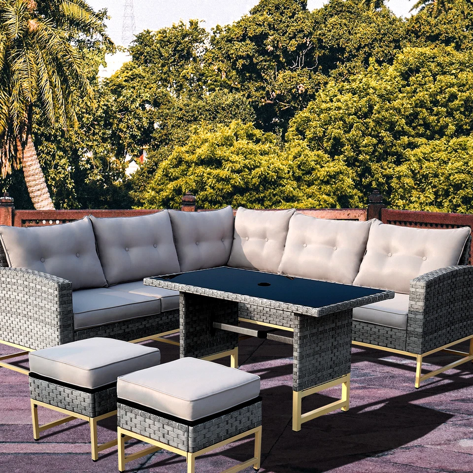 7-Piece Outdoor Sectional Patio Furniture Set – Rattan Wicker Sofa with Table & Ottomans, Weather-Resistant Cushions