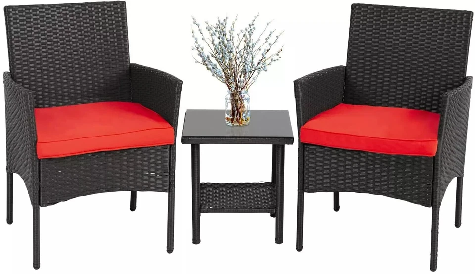 3-Piece Outdoor Wicker Bistro Set – Patio Rattan Furniture with Cushions & Glass Table