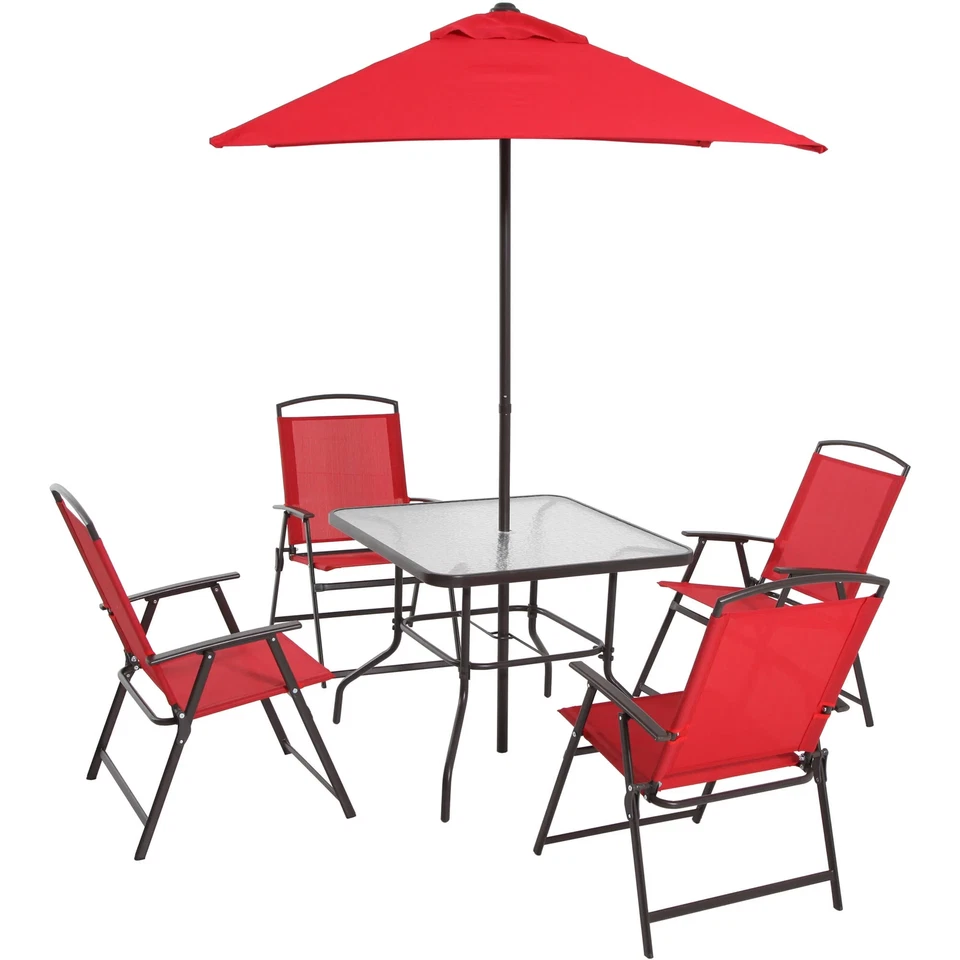 6-Piece Portable Outdoor Patio Dining Set – Red Sling Chairs, Square Glass Table & Umbrella – Rust-Resistant Steel Frame