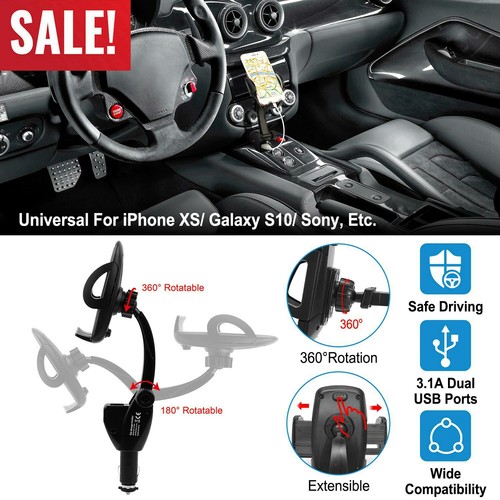 Dual USB Car Charger Holder Mount With Cigarette Lighter Chargers for Cell Phone