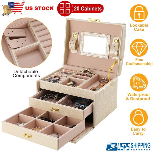 3-Layer Jewelry Storage Box Leather Earring Ring Necklace Organizer With Mirror