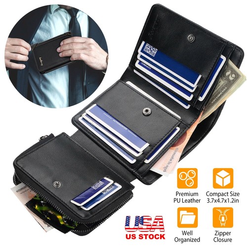 Men Leather Wallet ID Card Holder Purse Trifold Clutch Zipper Coin Money Purse