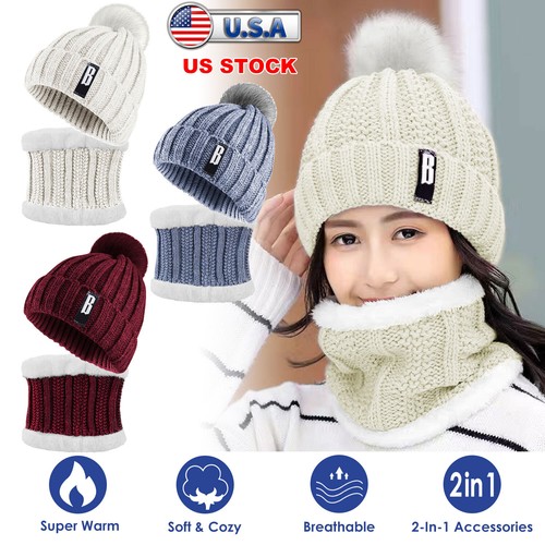 Women Winter Beanie Hat Scarf Set Knitting Thermal Cap Neck Warmer for Outdoors