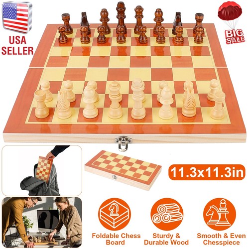 11.3x11.3in Wooden Chess Set Folding Chessboard Portable Wood Crafted Board Game