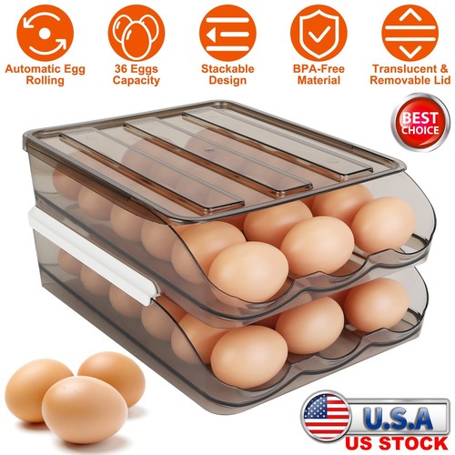 2-Layer Automatic Rolling Egg Holder Storage Box for Fridge Egg Container Tray