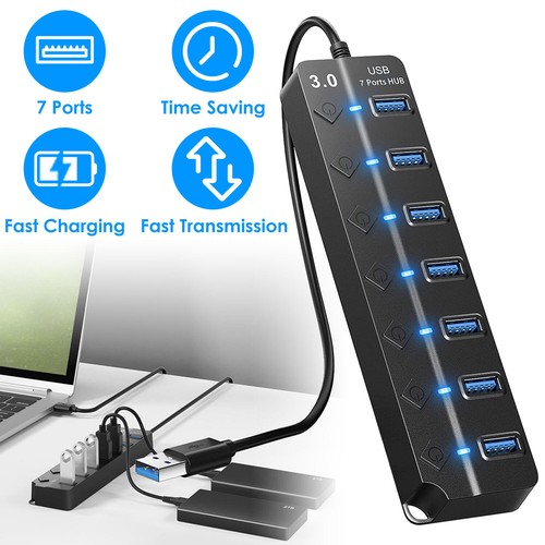 7 Port USB 3.0 Hub On/Off Switch Data Transferring Hub Splitter for PC Computer