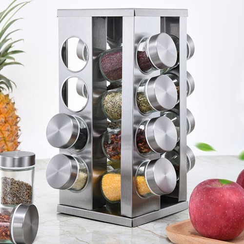 Stainless Steel Rotating Spice Rack Organizer with 16 Jars Seasoning Storage Set